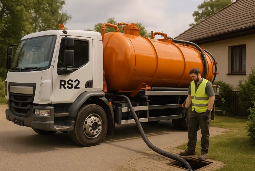 Pracownik obsługuje wóz asenizacyjny przy domu